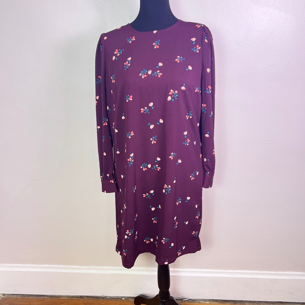 Old Navy Floral Shift Dress M Burgundy Long Sleeve Crew Neck Casual Mini Boho